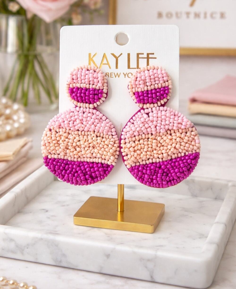 Kay Lee Pink Striped Beaded Round Earrings New
